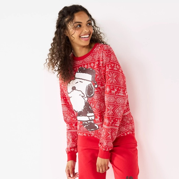 Peanuts Christmas Snoopy Santa Graphic Fleece Sweatshirt Red Size 2XL Juniors - Picture 17 of 17